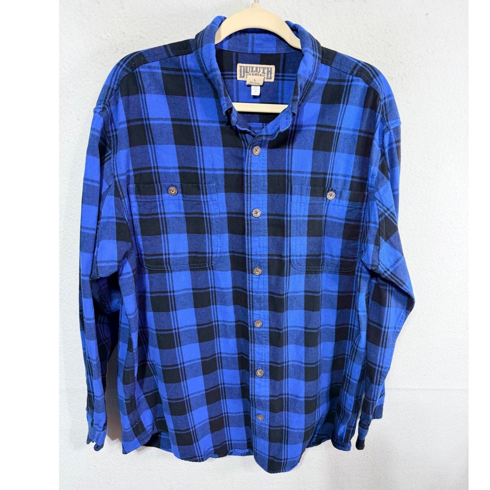 Duluth Trading Flannel Button Down Plaid Cabincore L Blue Shirt Workwear Cowboy